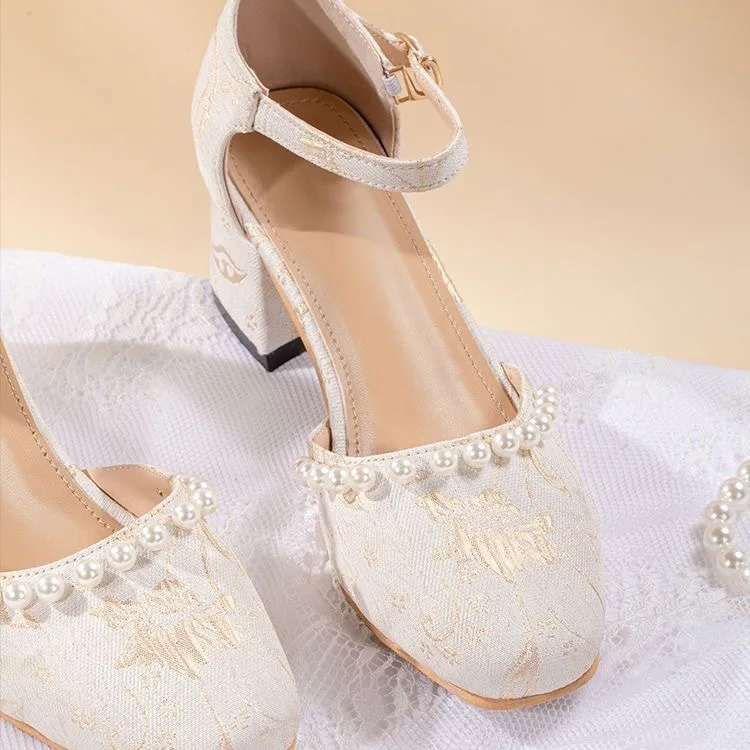 Elevated Heel Sandals Women's Shoes Retro Chinese Style Low Cut Slip-On Summer Footwear Dark Patterned Fabric High Heels