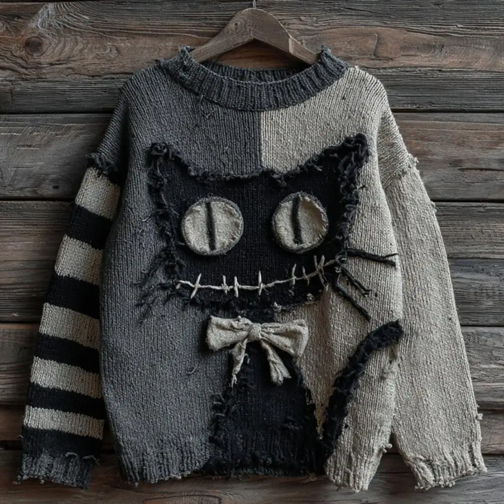 Women Polyester Sweater Comfortable Women Hoodie Spooky Face Halloween Sweaters for Women Patchwork Print Knit Top Crewneck