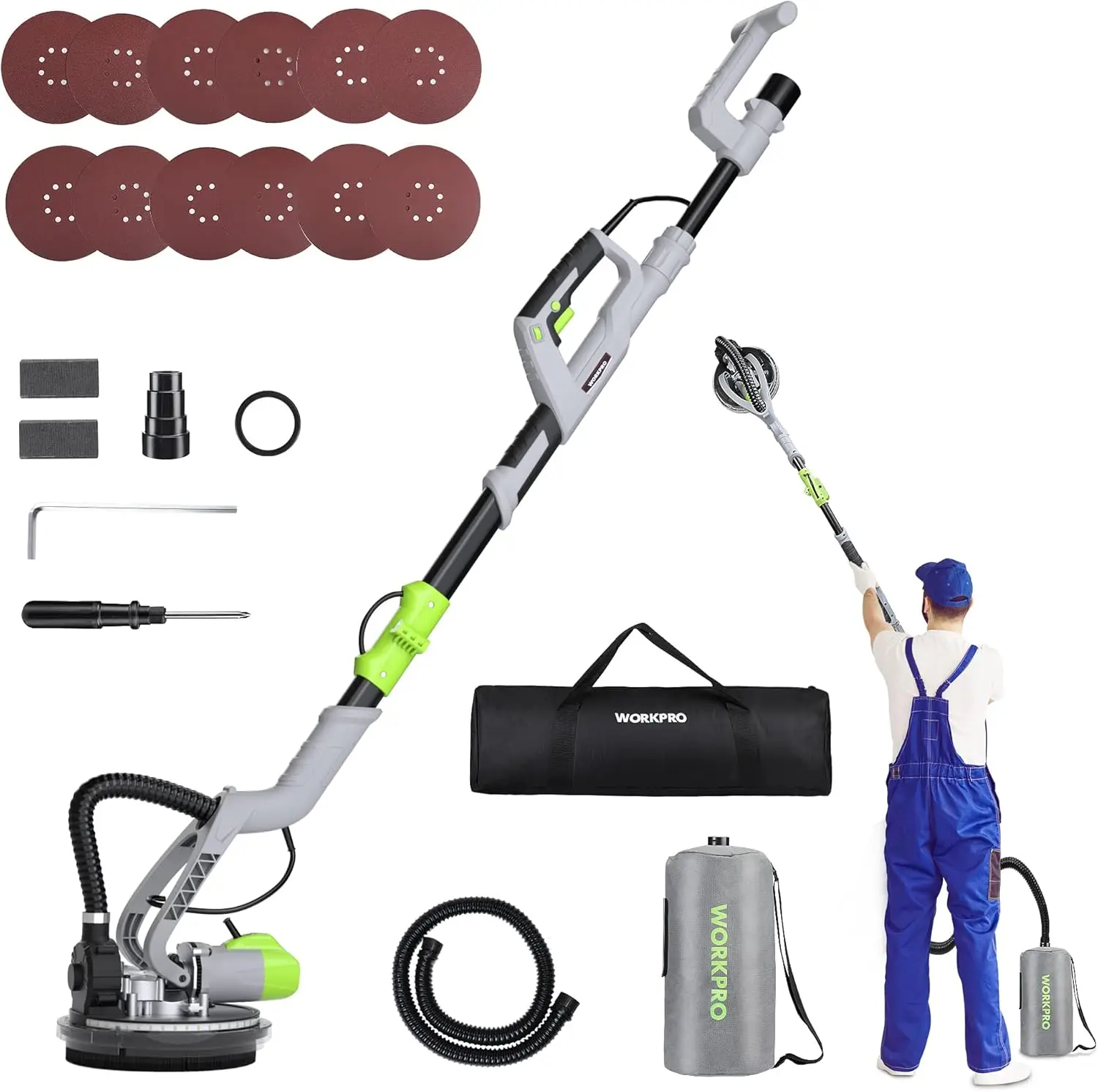 

Drywall Sander 720W Electric Sander with 12Pcs Sanding discs 7 Variable Speed 1100-1850 RPM Wall Sander with Extendable Handle