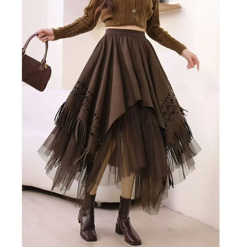 フリンジ付き秋冬フェイク鹿革フリーススカートハイウエストAライン不規則なメッシュスカートハイエンドファッショナブルな婦人服