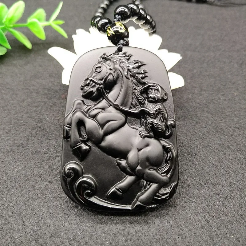 

Natural Black Obsidian Horse Monkey Pendant Necklace Fashion Charm Jewelry Accessories Gemstone Amulet Gift for Women Men Zodiac