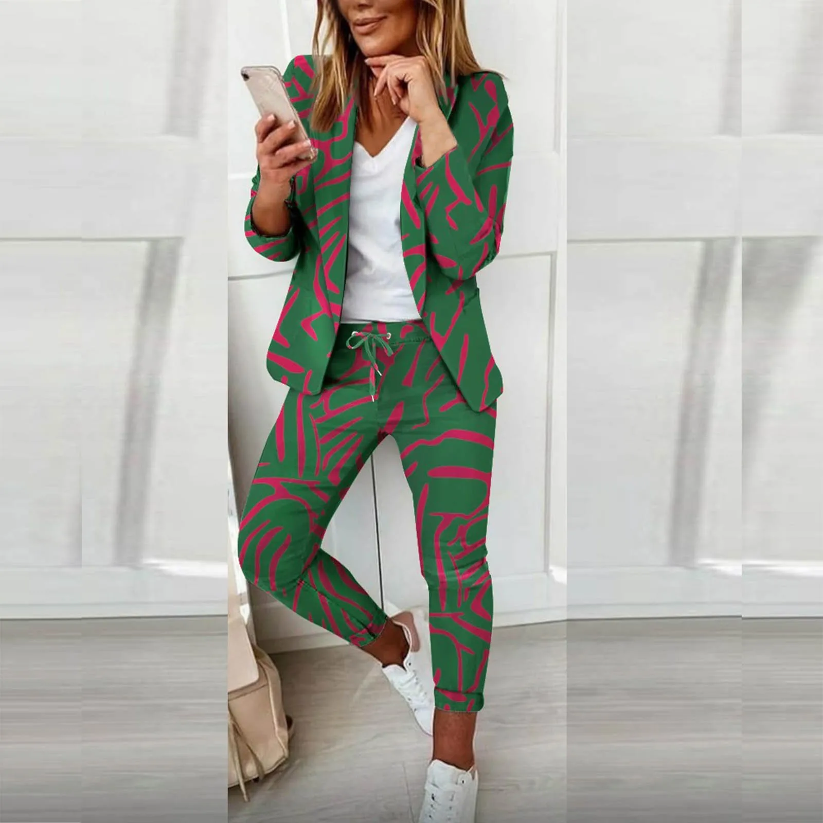 Women\'s Fashion Colour Block Print Two Piece Set Casual Long Sleeve Suit Jacket Drawstring Elastic Waist Slim Fit Pants Suit