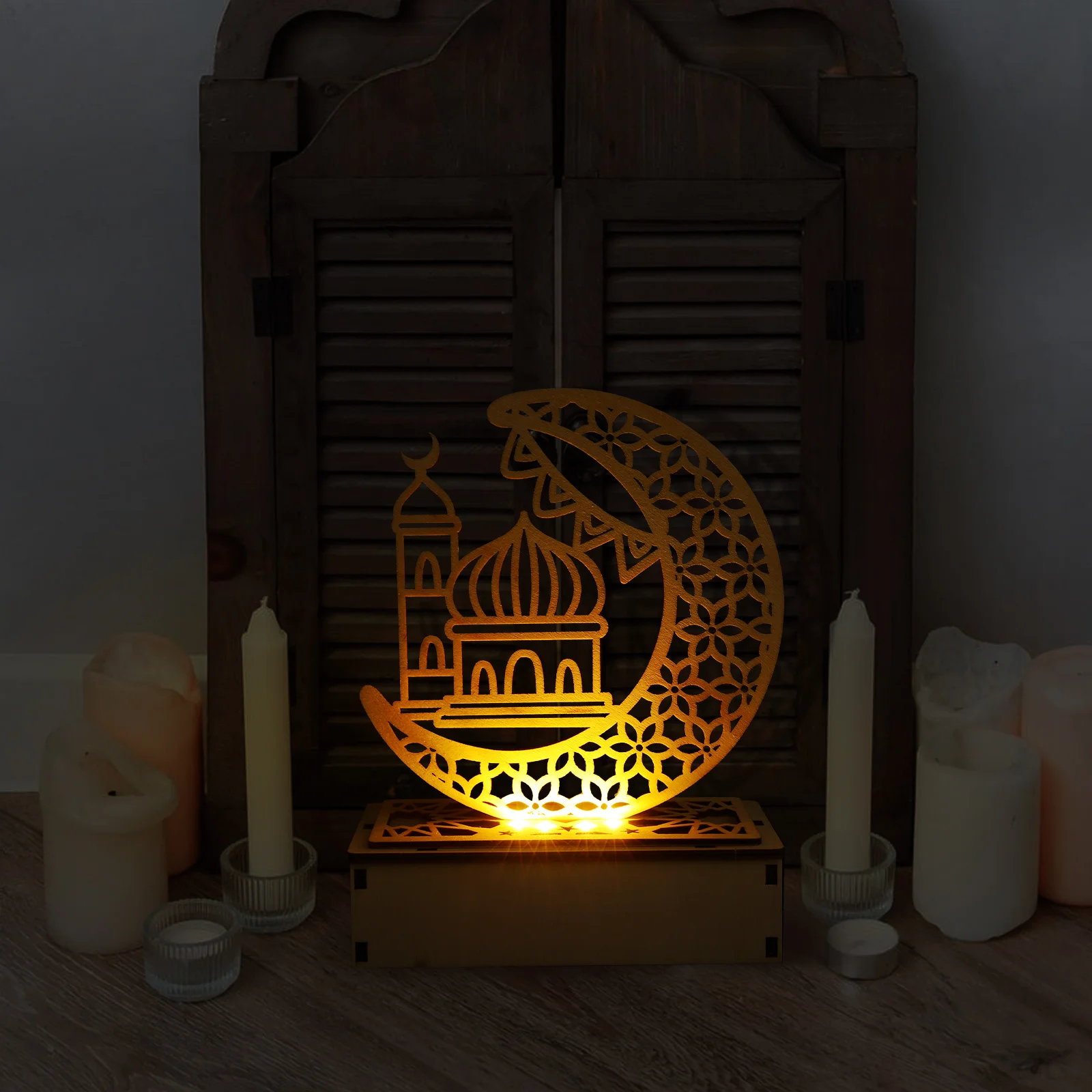 

Hollow Moon shaped LED Lamp Wooden Craft Ramadan Party Light Eid Festival Adorn Home Decor DIY Photo Prop Sturdy Design