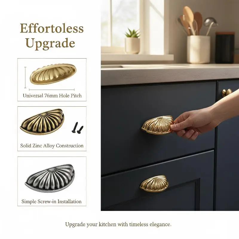 Shell Design Semicircle Drawer Handles Waterproof Solid Zinc Alloy Cabinet Pulls for Bathroom Vanity Headboard Decor