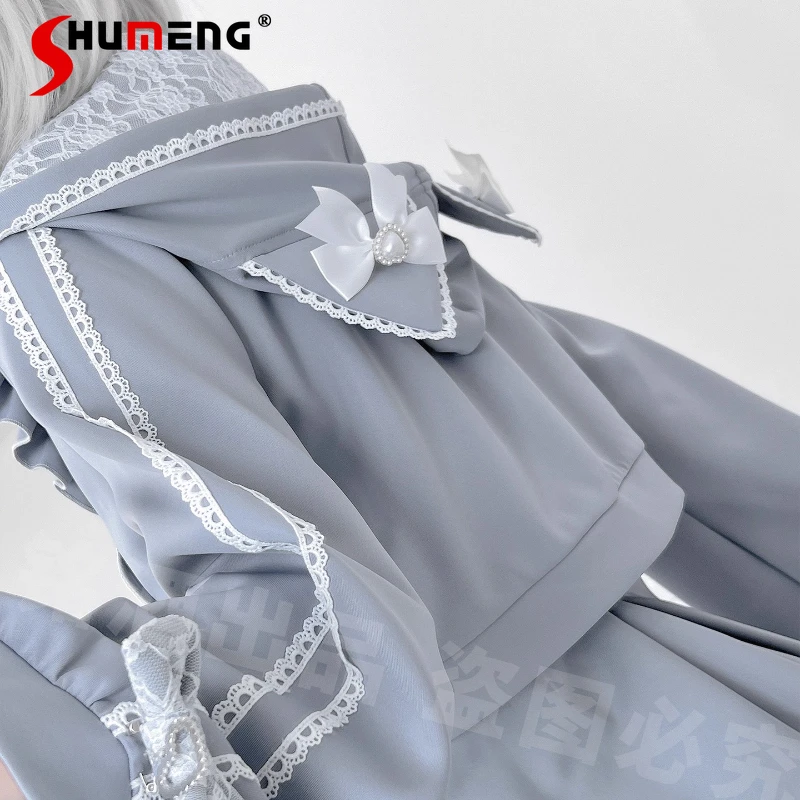 

Japanese Lolita Lace Zipper Slim Fit Sweatshirt Jacket Skirt Set Sweet Cartoon Ear Long Sleeves Short Sports Clothes Black Suit