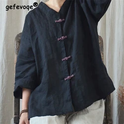 Women's Chinese Ethnic Style Vintage Single Breasted Shirt Stand Collar Solid Long Sleeve Blouse Casual Loose Cotton Linen Tops