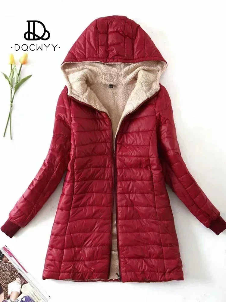 Women\'s Jacket Winter New Mid Length Korean Edition Hooded Fit Plus Fleece Cotton Coat Warm Lamb Fleece Parkas Winter Jackets