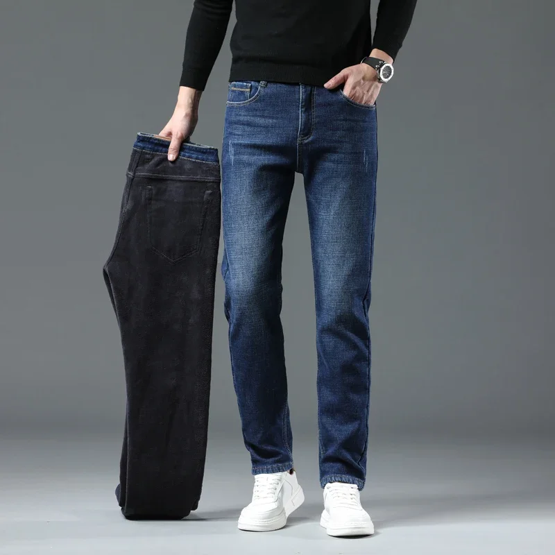 Winter Fleece Warm Men's Jeans Business Fashion Straight Thicken Stretch Denim Trousers Classic Men's Pants Plus Size 28-42