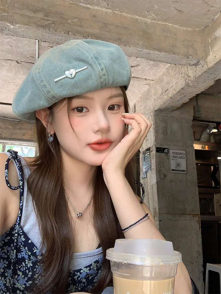 Washed Denim Beret Hat Women's Small Vintage Face Slimming Large Head Circumference Painter's Cap Casual Style round Top