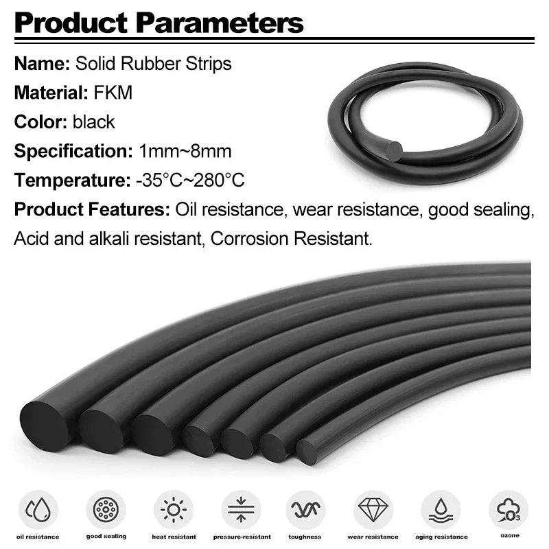 2/5M Black Solid FKM Sealing Strip Oil Resistance Heat-resistant Round Rubber Strip Not Foaming Diameter 1.8mm/2/2.5/3/4/5/6mm