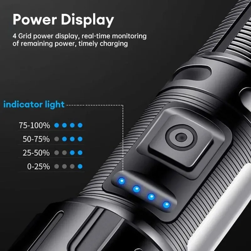 High Power Long Range LED Flashlight Zoom Rechargeable with COB Side Light with Magnet Outdoors Camping Torch