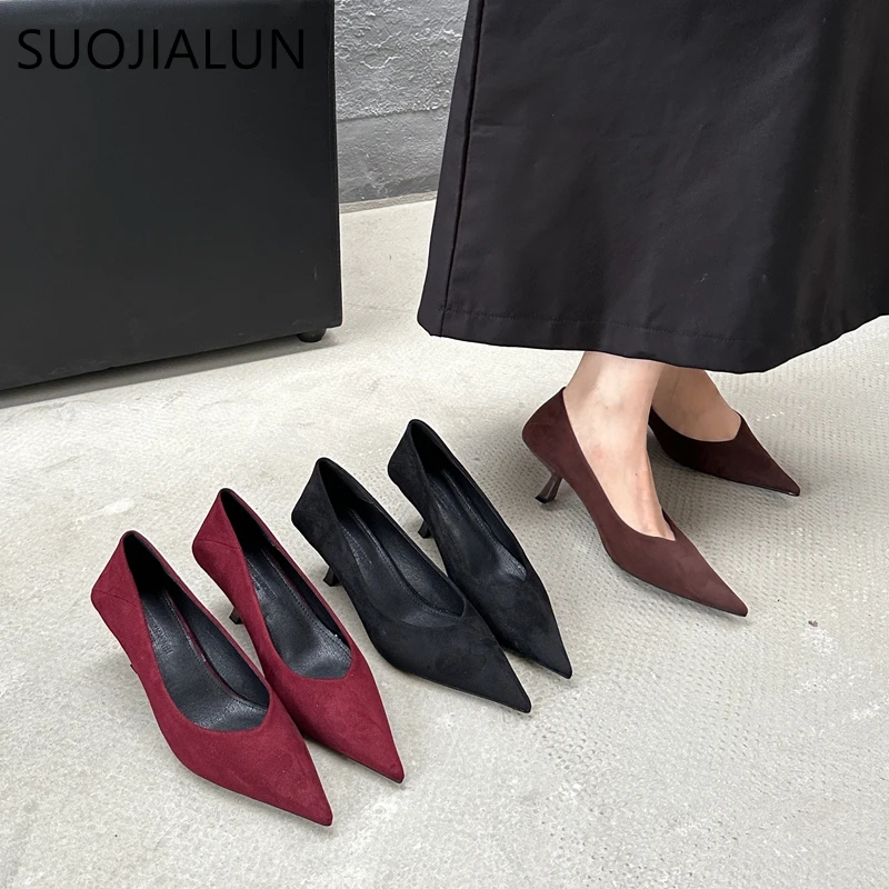 SUOJIALUN 2024 Autumn Pointed Toe Women Sexy Shallow Slip On Pumps Shoes Fashion Thin High Heel Ladies Elegant Dress Boat Shoes