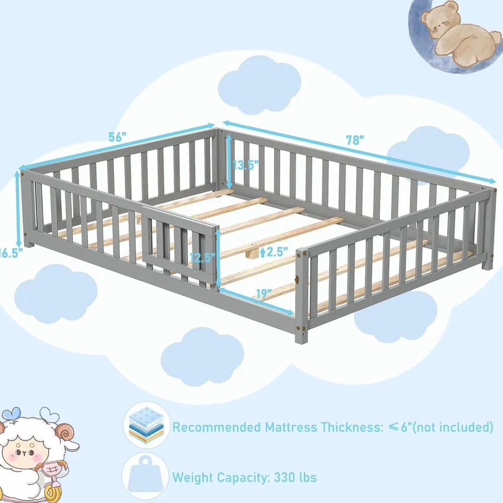 KOMFOTT Full Size Wood Floor Bed with Door & Fence, Montessori Bed Frame with Full Length Safety Guardrails, Slats Support