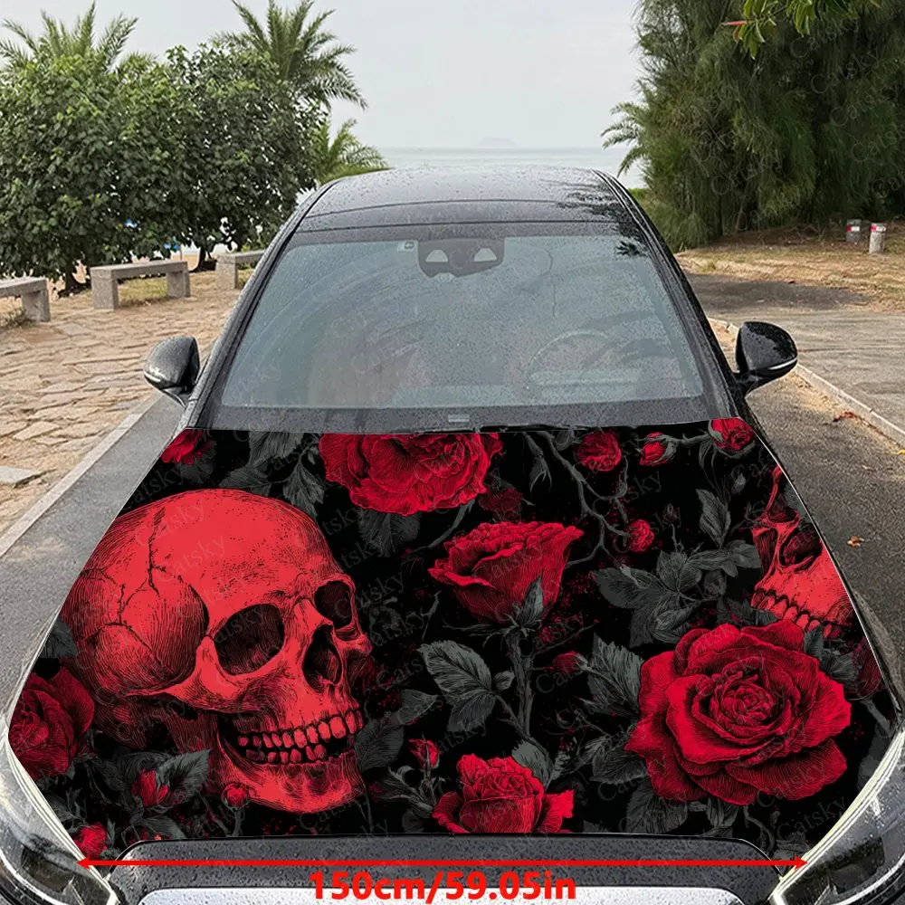 Car Decal Artistic Fusion of Red Skulls and Red Rose Elements in Dark Gothic Style Car Hood Sticker, Waterproof Self - Adhesive