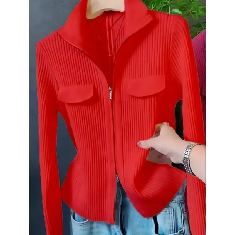 

2025 Femme Double Zipper Sweater Cardigan Autumn Ladies Casual Lapel Knit Jacket Korean Women Fashion Long Sleeves Knitted Coat
