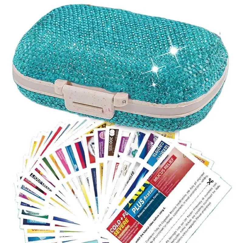 1PC Pill Organizer w/ 175 Medicine Labels 8 Compartments Travel Essentials Pill Case Mini Medication Organizer w/ Rhinestones