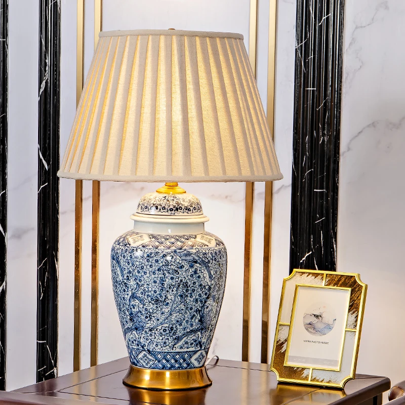 46x73cm Chinese Jingdezhen Ceramic Table Lamp Blue And White Porcelain Neoclassical Large Lamp Bedroom Bedside Lamp Living Room