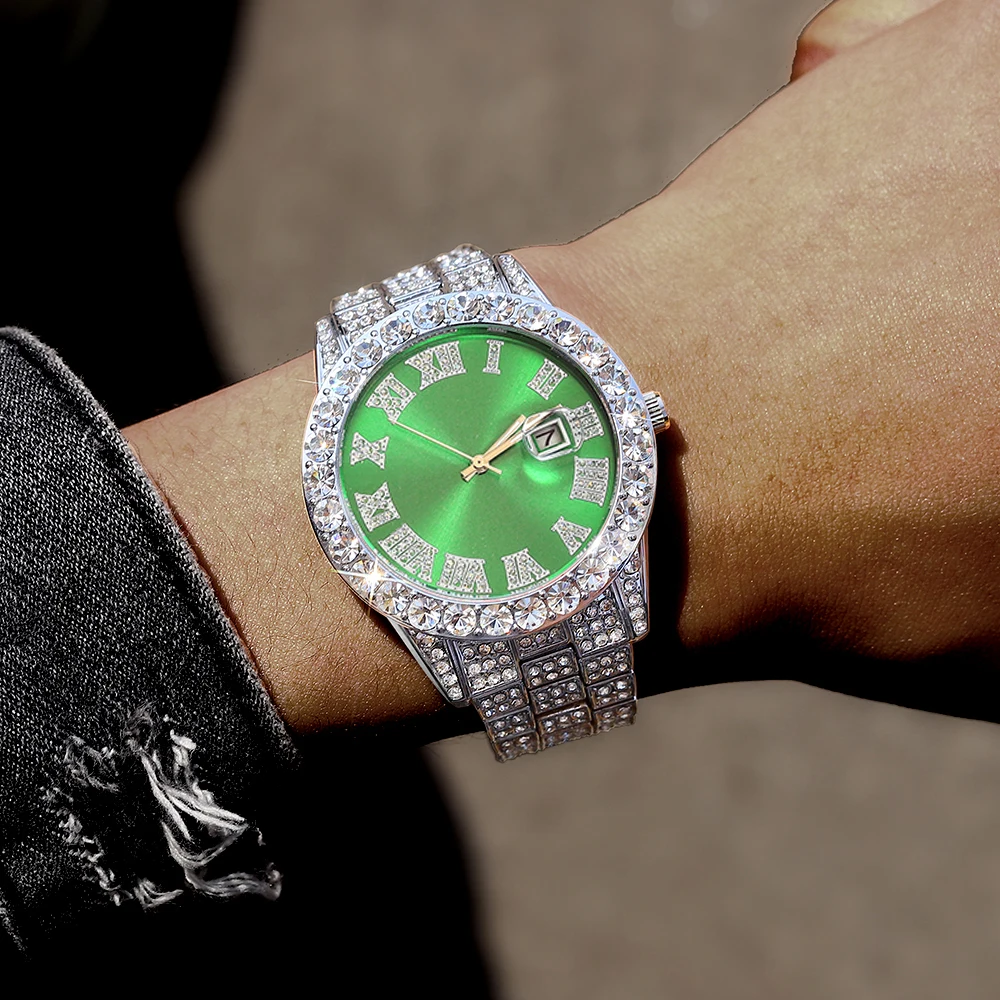 2-teiliges Hip-Hop-Punk-Uhrenset mit Diamantbesatz, runde Luxus-Herrenuhr, glänzendes Schmuckgeschenk mit Armbandversteller für Damen, Alltagskleidung – Detail 11