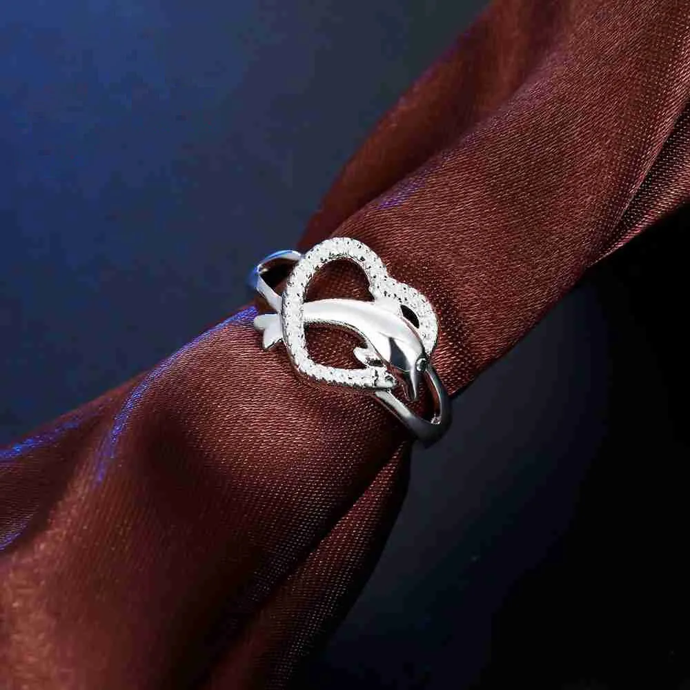 Dolphin Hollow Heart Low Key Exquisite Design Active Female Girl 100% 925 Sterling Silver Color Jewelry Accessories Rings image 4