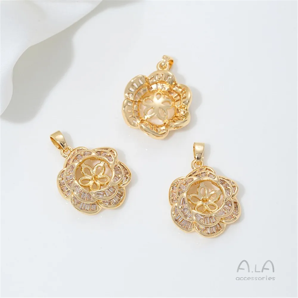 

Микроинкрустированный циркон, 14-каратное золото, розовая камелия, держатель для бусин с полуотверстием, кулон, сделай сам, липкое жемчужное ожерелье, кулон