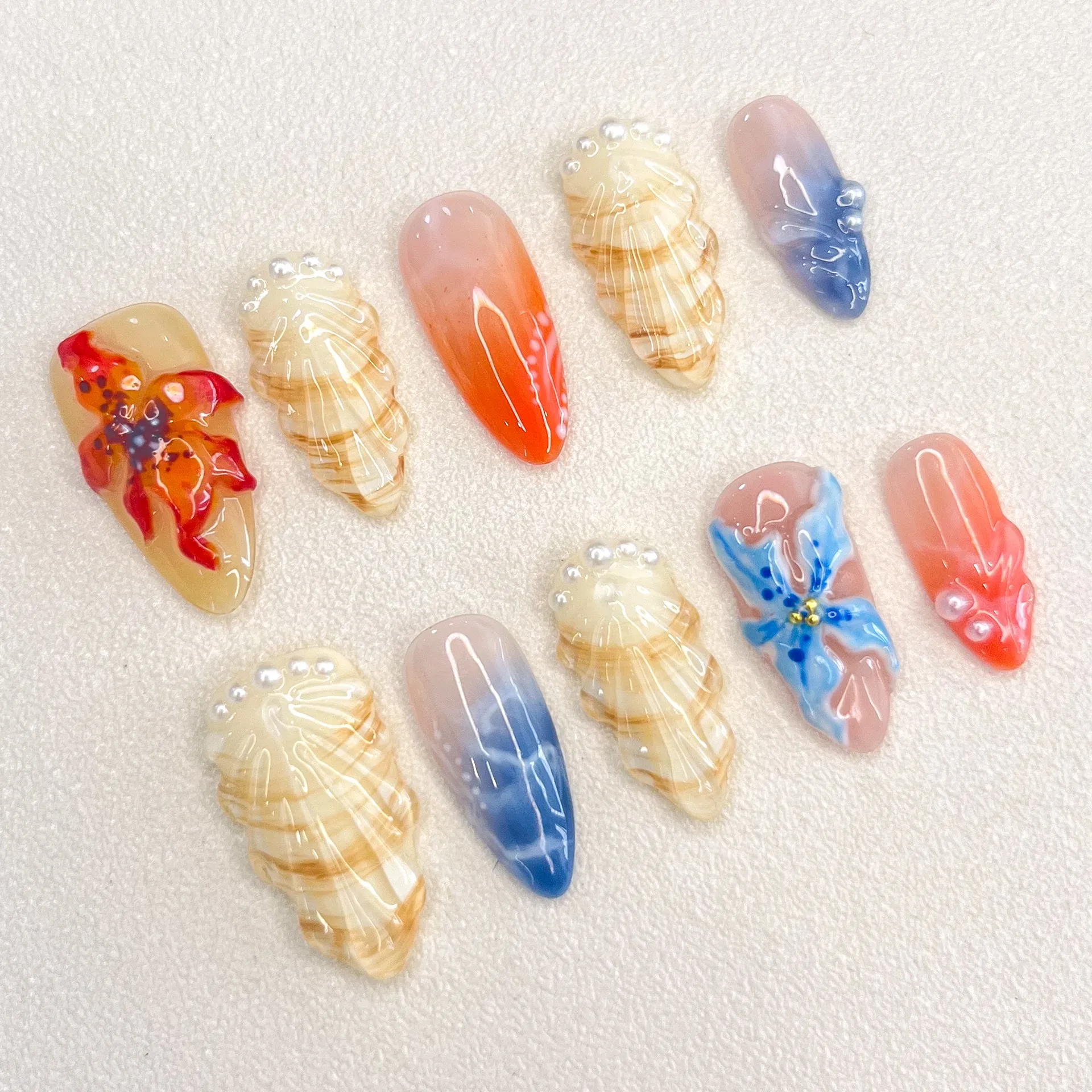 Shell Flowers Personal Design Style Handmade Relief 3D Mandarin Duck Nails Pressed on Fake Nails Manicure Nail Ornament Women