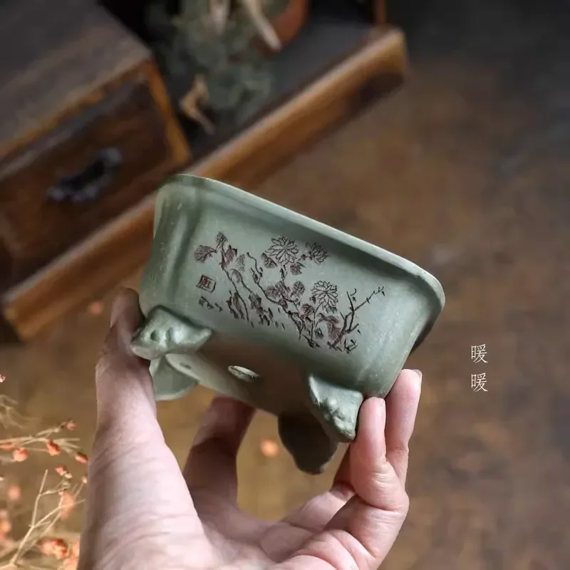 Round Rectangle Bonsai Pot, Purple Sand Green Clay, Traditional Chinese Flower Carved,Garden Decoration