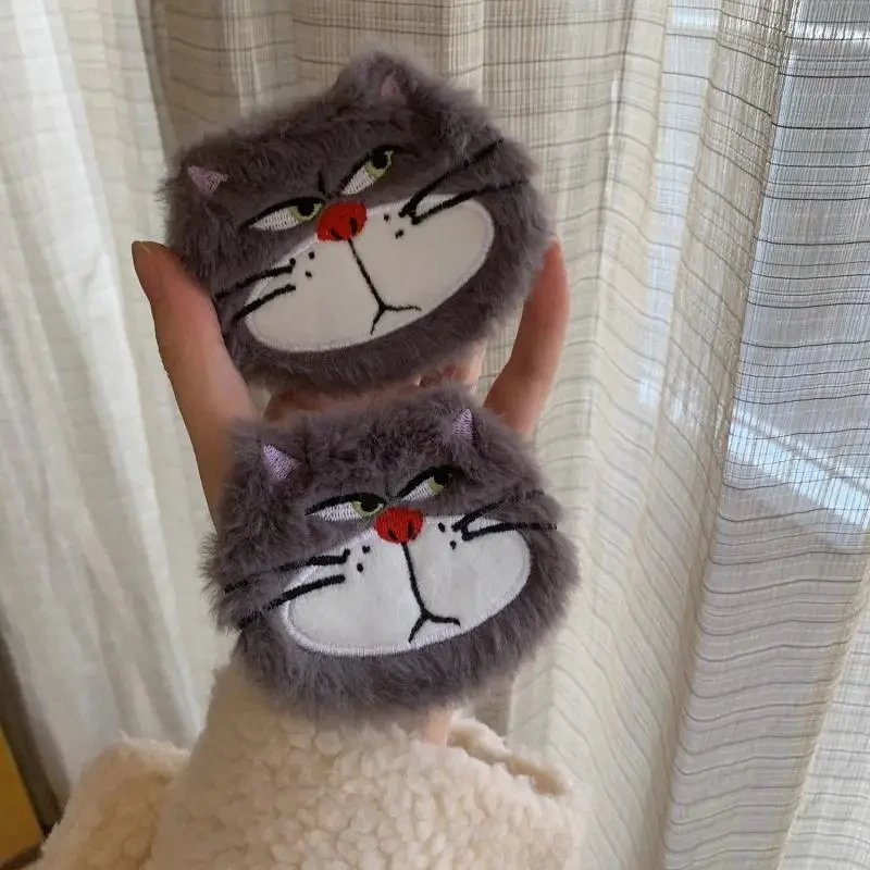 Creative Cute Cartoon Lucifer Cat Portable Plush Makeup Mirror Flip Cover Two Sided Makeup Mirror Round Mirror Christmas Present