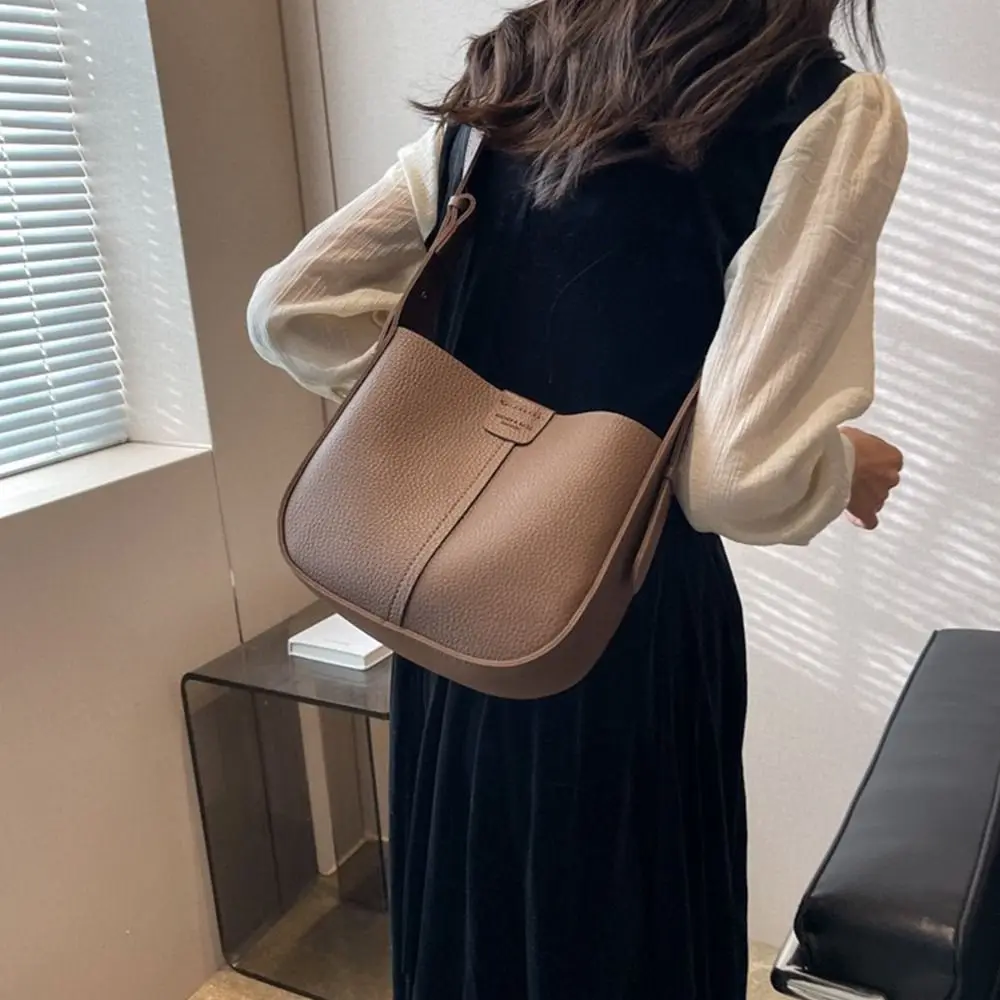 with Inner Pouch Lichee Pattern Crossbody Bag Solid Color Large Capacity Shoulder Bag Mommy Bag Shopping Bag PU Bucket Bag