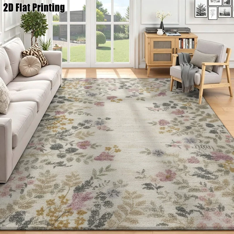 Large Indoor Area Rug, Soft Velvet Low Pile Machine Washable Vintage Floral Indoor Rug for Living Room and Bedroom, Muted Pink Green Yellow Flower Pattern Home Floor Decor