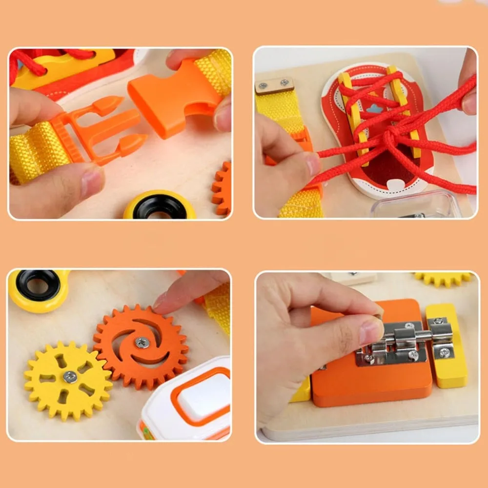 لعبة النشاط الحسي الخشبية المزدحمة للأطفال، لعبة أقفال الأطفال الصغار، المهارات الحركية الدقيقة، لعبة الجذعية، لوحة المزالج للأولاد والبنات