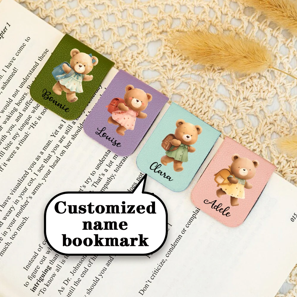 Juego de marcapáginas con nombres y ositos adorables, etiquetas de cuero personalizadas con ositos, marcapáginas magnéticos personalizados, para amantes de los libros