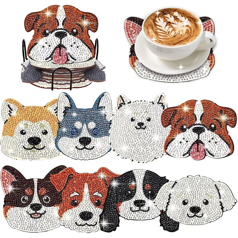 

8pcs Dog Shaped Diamond Painting Coasters DIY Pet Dog Diamond Painting Kits with Holder Diamond Art Coasters for Beginners Adult