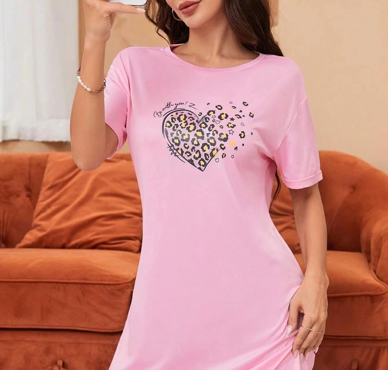 New Ladies Nightgown Homewear Female Love Print Short-Sleeved Comfortable Home Leisure Sexy Can Be Worn Outside Leisure Skirt