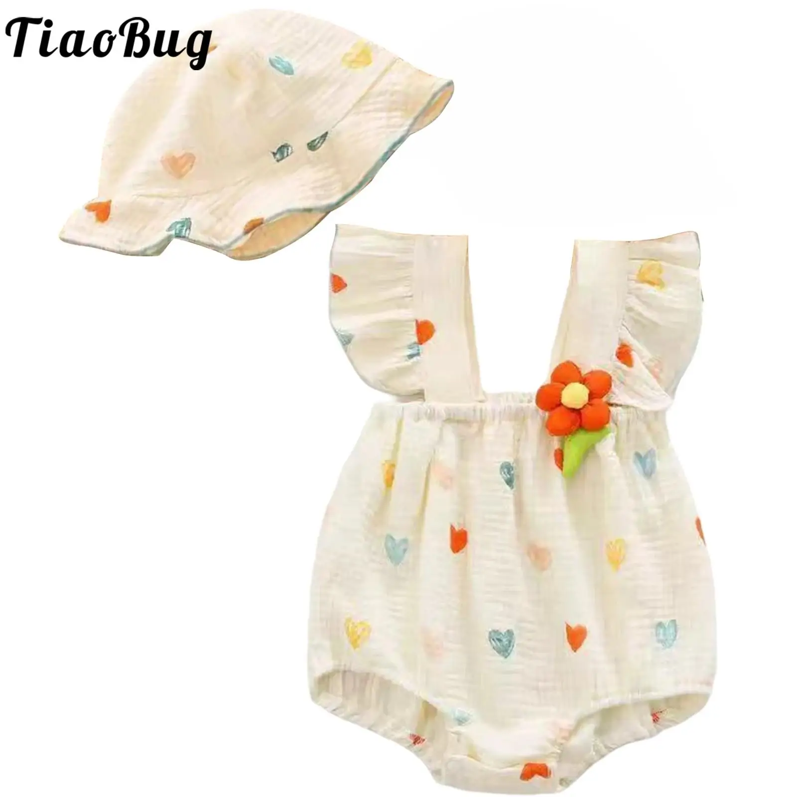 

Infant Baby Girls Sweet Summer Clothes Outfits Fly Sleeves Printed Rompers with Hat Set for Casual Holiday Vacation Photography