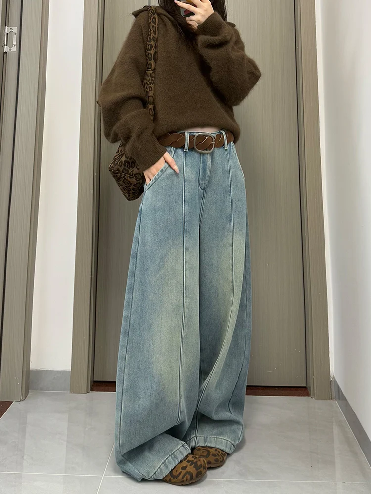 

Светлые бархатные широкие джинсы, женские зимние джинсы с высокой талией, новые свободные утягивающие брюки с изогнутым ножом