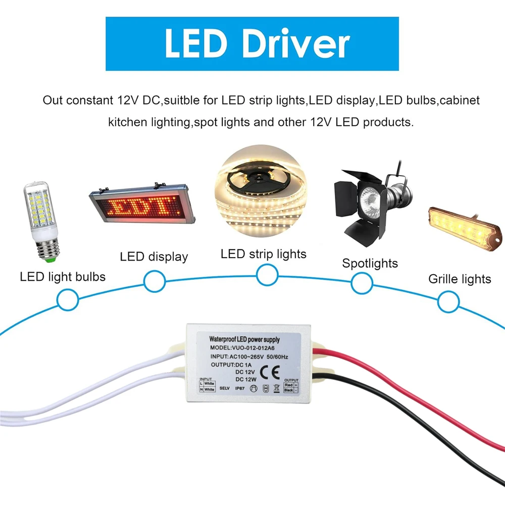 Imagem -04 - Impermeável Led Power Supply Adaptador Driver para Iluminação Interior e Exterior Entrada ac 110265v dc 12v Ip67 12w