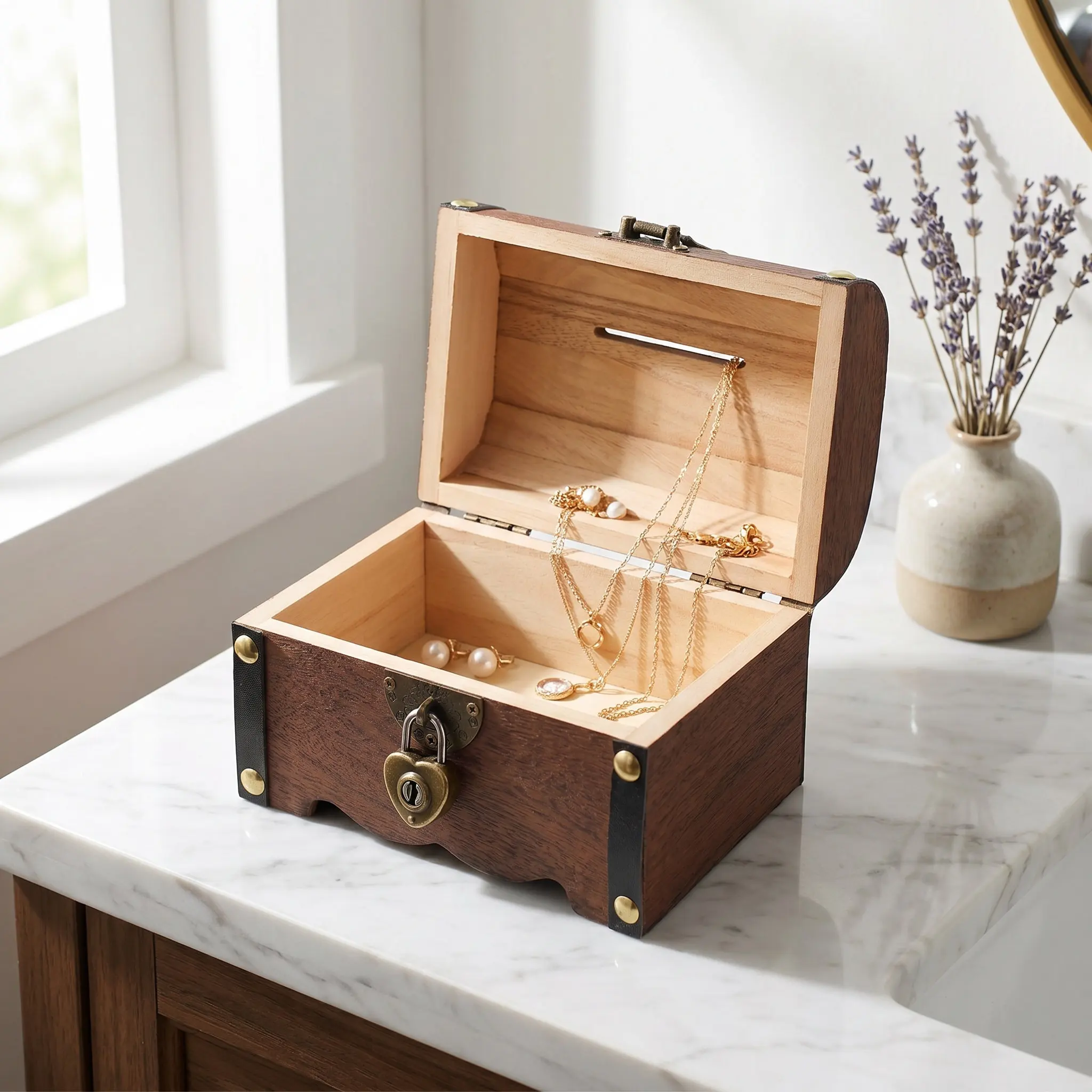 Vintage Treasure Chest Small Storage Box with Lock Piggy Bank Wooden Metal Coin Organizer for Birthday Wedding Gift