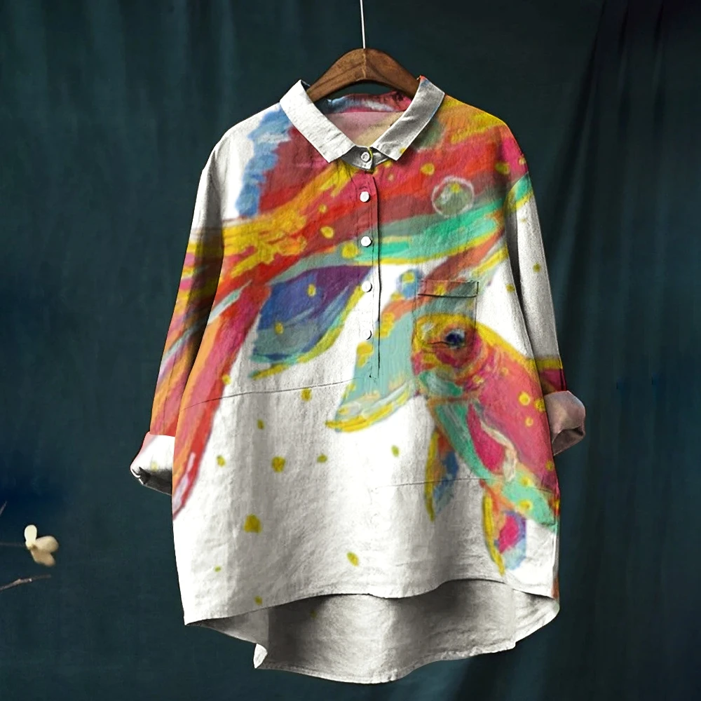 Women's Long Sleeve Blouse, Lapel Shirt, Traf Color, Smudged Sardines Fish Print, Chic Clothes, Trendy, High Quality, New