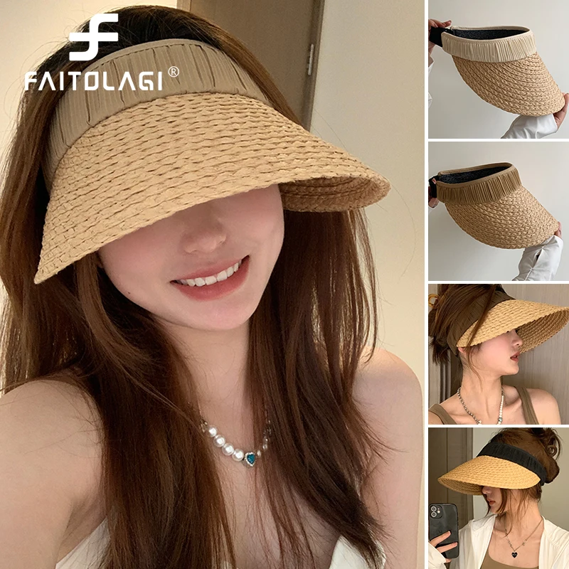 Summer Sun Hat for Women Handwoven Grass Empty Top Hat Korean Girl Straw Cap Large Brim Outdoor Cycling UV Protection Visors 모자