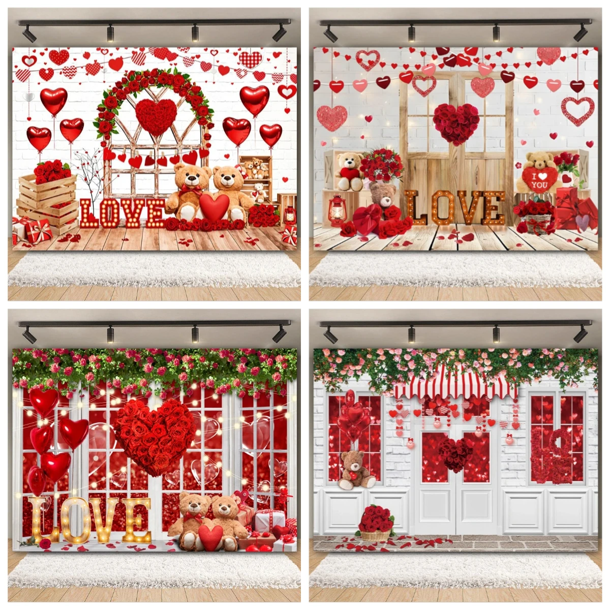 

February 14 Valentine's Day Backdrop Photography Red Love Heart Flower Toy Bear Wedding Party Valentine Photo Background Decor