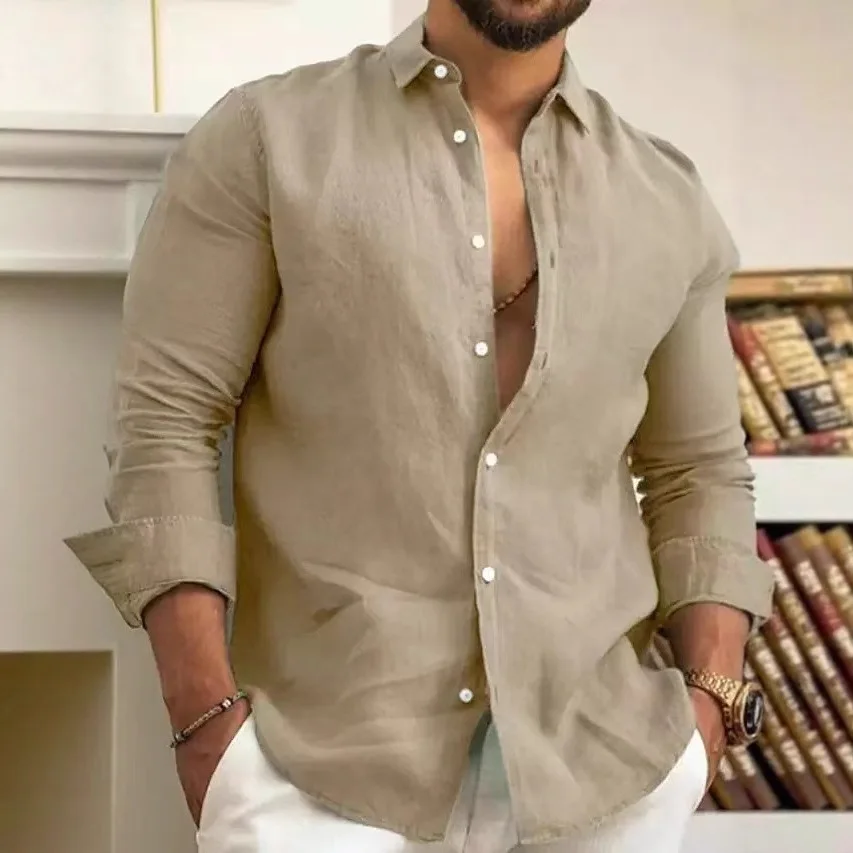 Men's Long Sleeve Button up Cardigan Shirt Casual Loose Fit Decorative Stitching Simple Style Pure Color Chinese Manufacturer