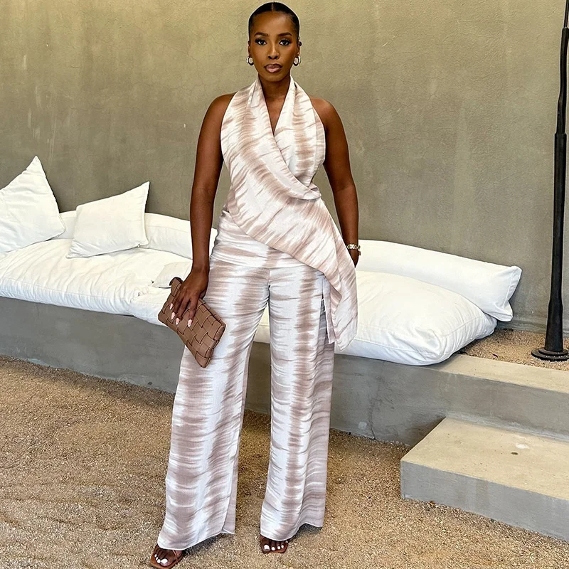 

Doyerl Printed Jumpsuits Woman Elegant Sexy V-neck Halter Backless Sleeveless Irregular Party Night Club Rompers Overalls Female