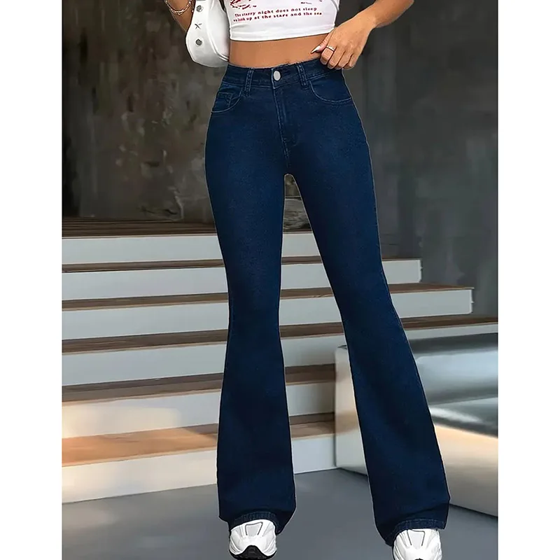 

Lady Fashion Simple High Waist Jeans Women Dark Blue Versatile Flared Pants Girls Stretch Slim Fit Denim Trousers