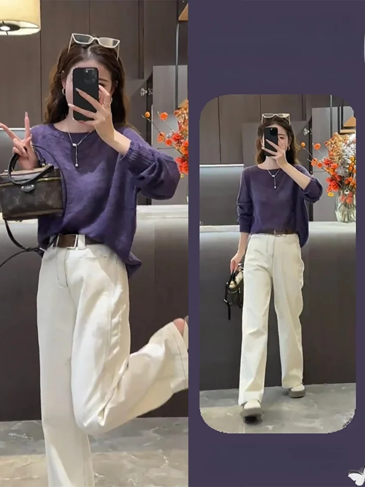 

Casual Korean Sle Long Sve Pure Color Top And Wide Leg Pants Set Women's Faion Autumn New Arrival Comfortable Breathable