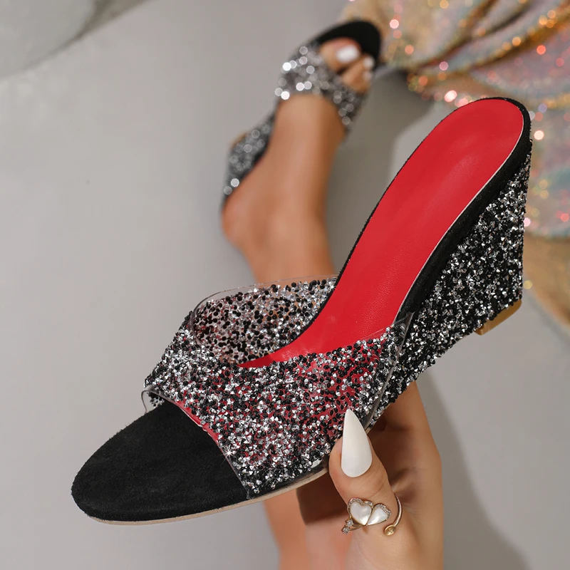 

Eilyken PVC Transparent Crystal Open Toe Wedge High Heels Women's Slippers Summer Fashion Banquet Ladies Shoes