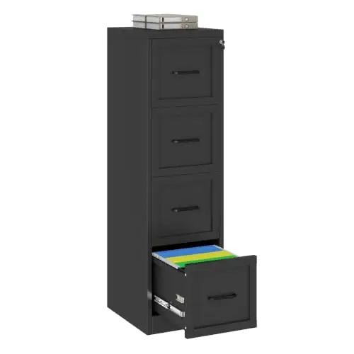 4 Drawer File Cabinet with Lock, Filing Cabinets for Home Office | Black Metal File Cabinets, Narrow Lockable Storage