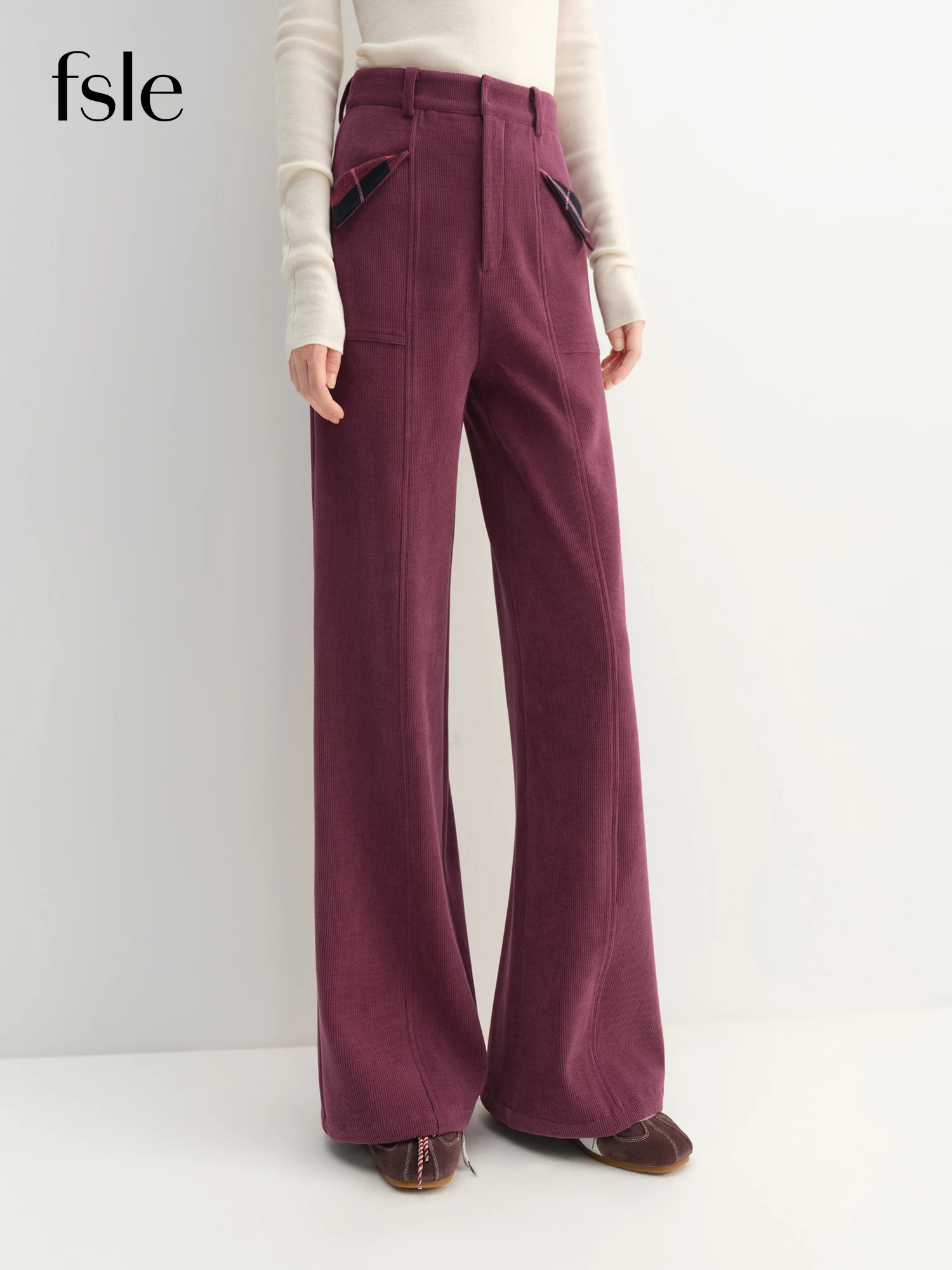 

FSLE Women's High-Waisted Corduroy Striped Straight Leg Pants Autumn/Winter 2025 New Design Raspberry Purple Slimming Fit