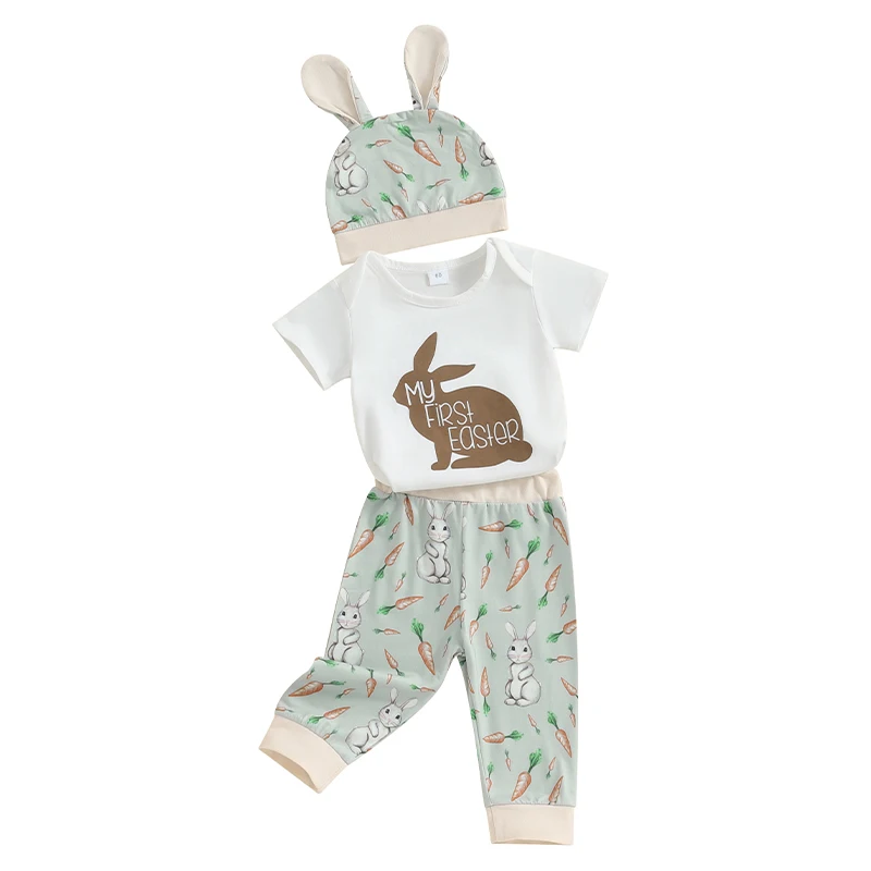 

Carolilly Newborn Baby Boys Easter Outfits Letter Bunny Print Short Sleeve Romper Pants Ha 3PCs Outfits Clothes Newborn Baby