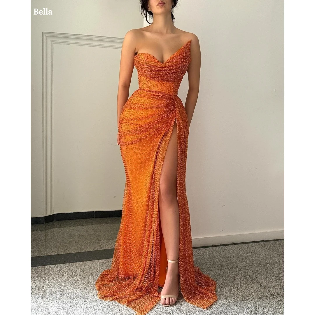 Bella personalizado laranja sereia sem alças sem costas robes de soirée sem mangas fenda lateral vestidos de festa até o chão vestido de baile