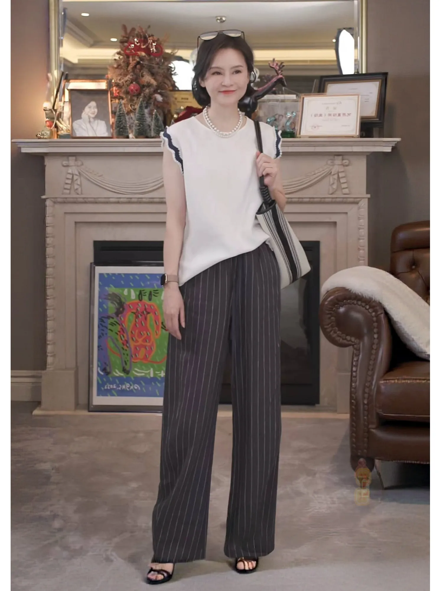 カジュアルストライプパンツルーズフィーリングリネンウエスト弾性ロープカジュアルナイフエッジパンツ女性中年春シーズンRuienCo